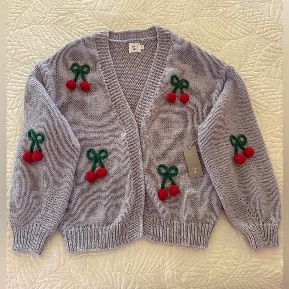 Luna Ivy Gray Cardigan with Red Cherry Accents